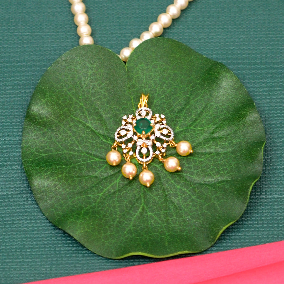 Tritya Silver Pendant, Gold plated premium 92.5 silver pendant featuring timeless emeralds, cubic zirconia stones, and beads