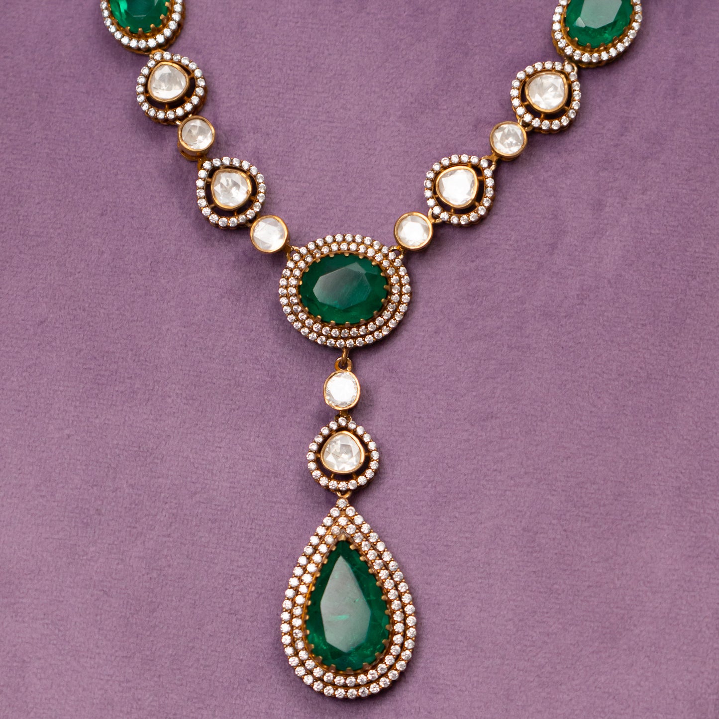 Liora Polki Necklace, Gold plated premium 92.5 silver necklace featuring timeless cubic zirconia stones, moissanite, and emeralds