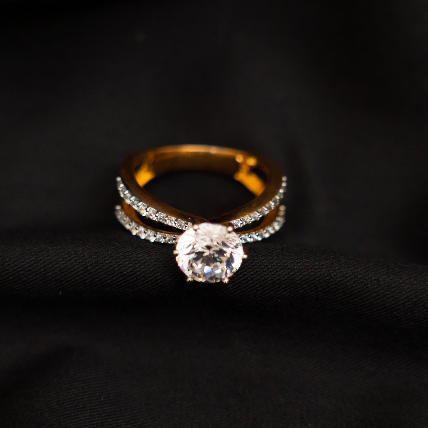 Triya 92.5 Silver Ring, gold plated silver ring featuring moissanite and cz stones. Size 15