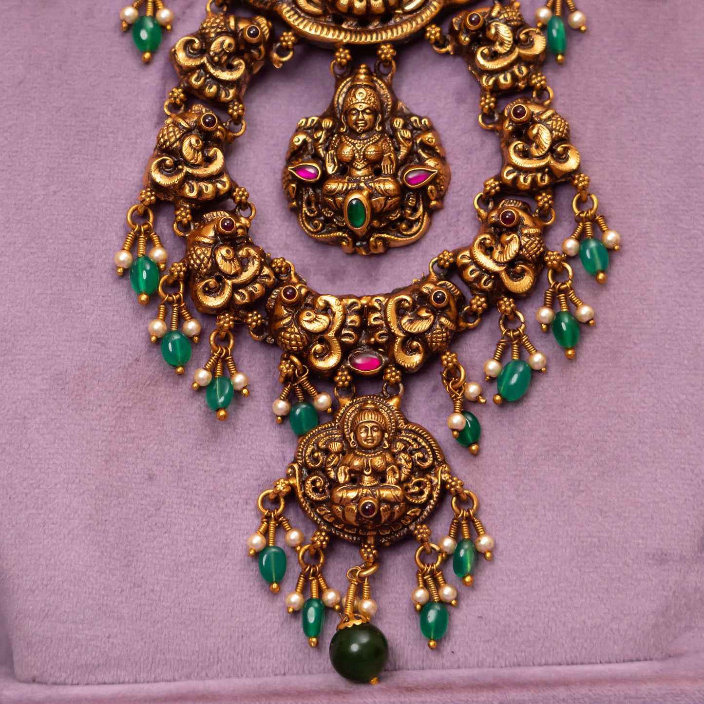 Eloise Nakshi Necklace, Gold plated premium 92.5 silver necklace featuring timeless emeralds, ruby potas, and ruby stones