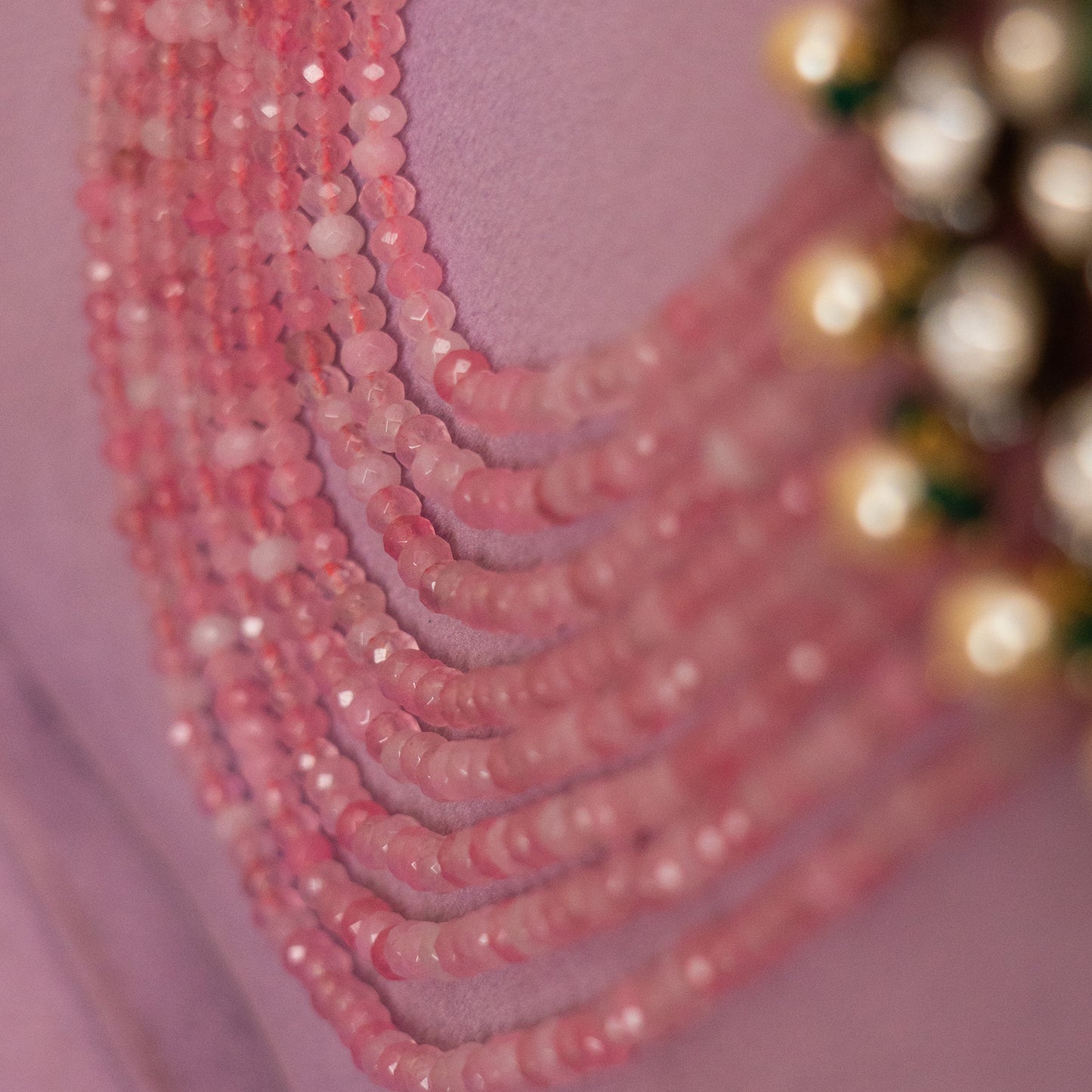 Aida beads haram, crafted from 92.5 gold plated silver that features pearl, tourmaline beads, jade, and moissanite stones, pairs well with traditional and indo-western outfits