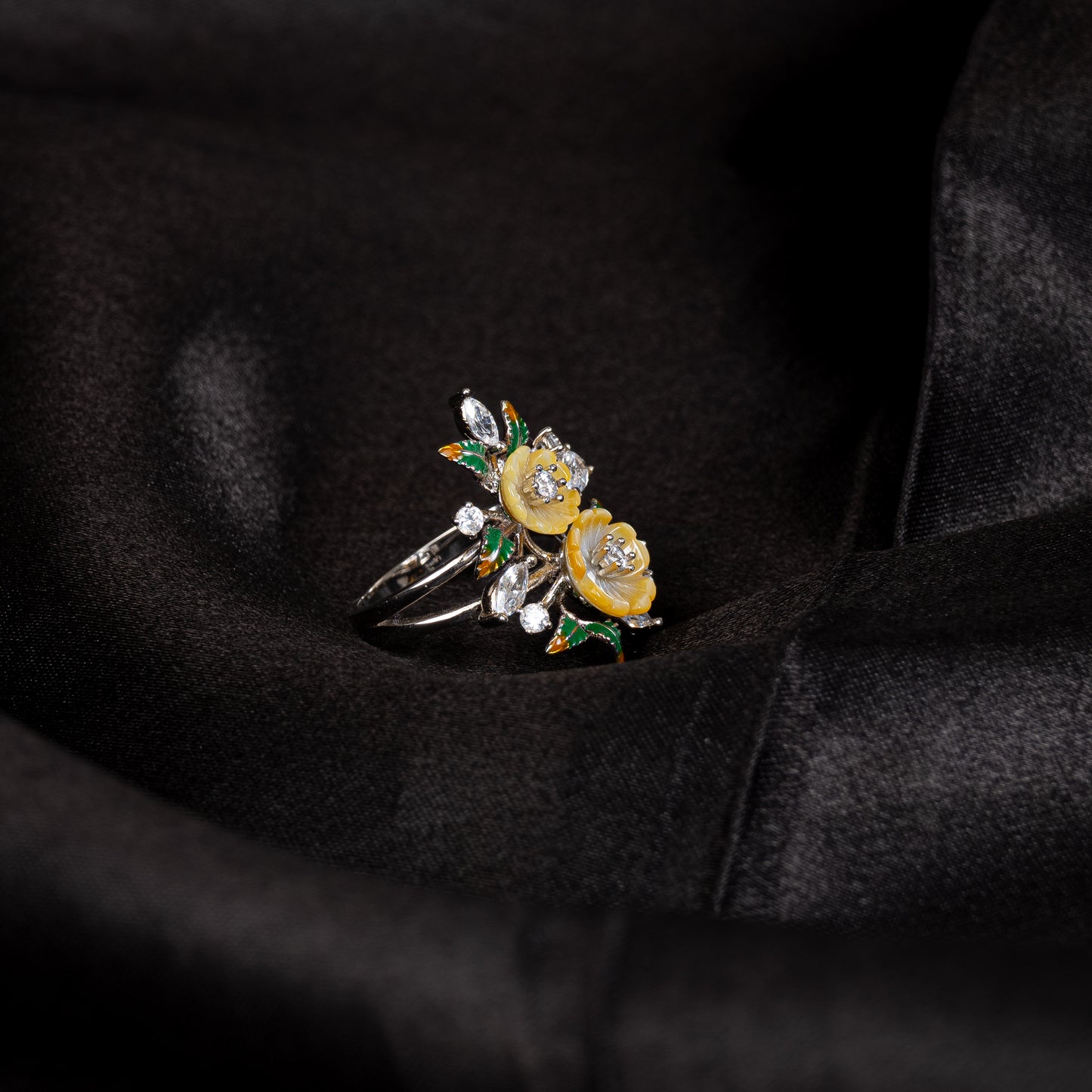 Tina 92.5 Silver Ring, gold plated silver ring featuring moissanite and cz stones. Size 15