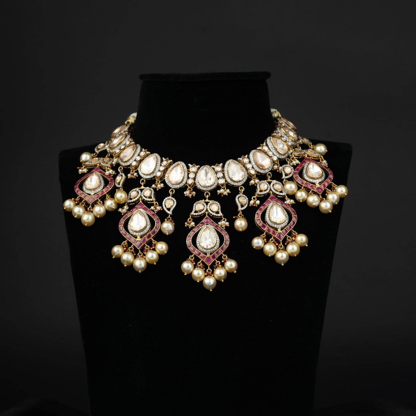 Avani Silver Necklace, Gold plated premium 92.5 silver necklace featuring timeless ruby, moissanite, seed pearls, and cubic zirconia stones