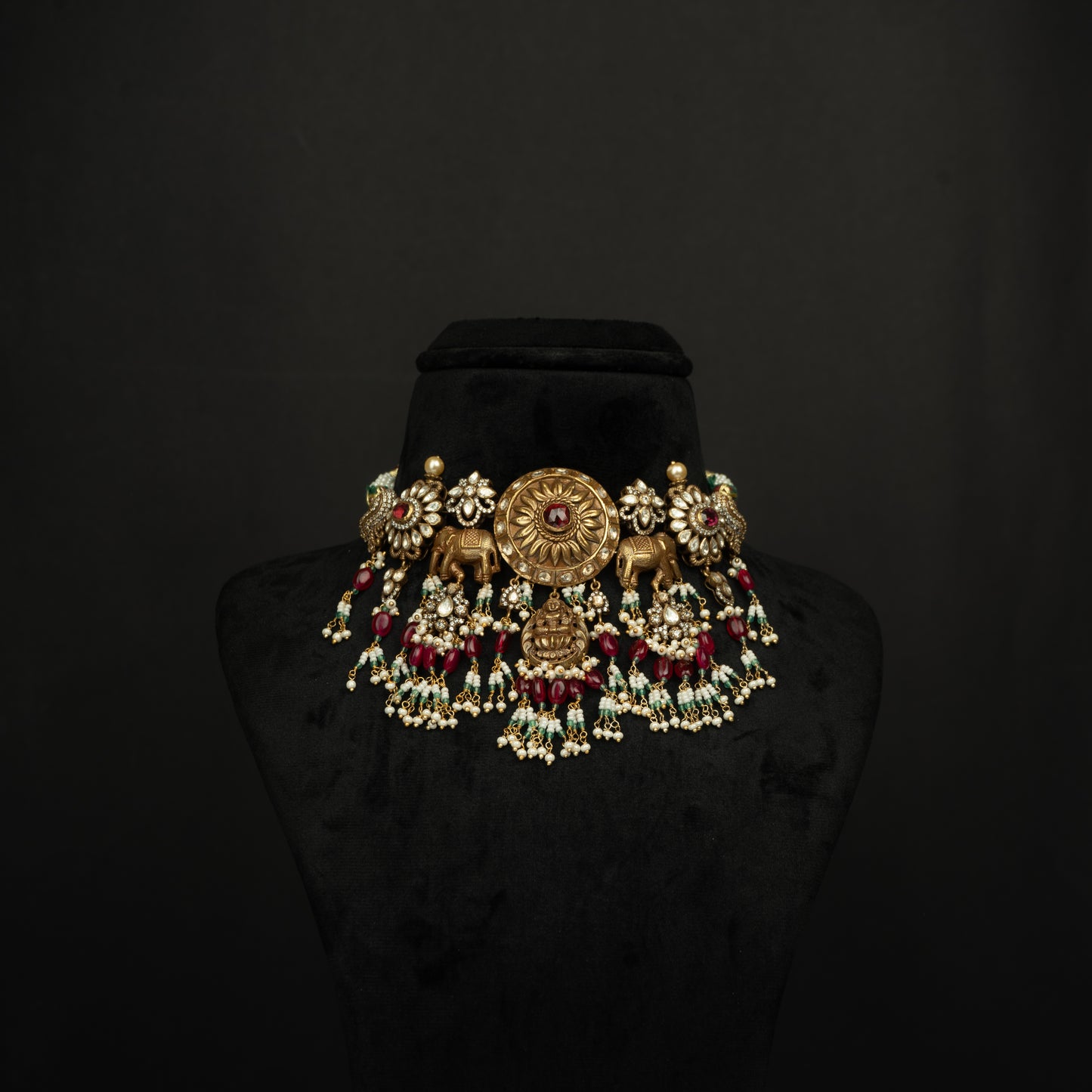 Aarza Silver Choker, Gold plated premium 92.5 silver choker necklace featuring timeless moissanite, cubic zirconia, ruby stones, tourmaline, and seed pearls