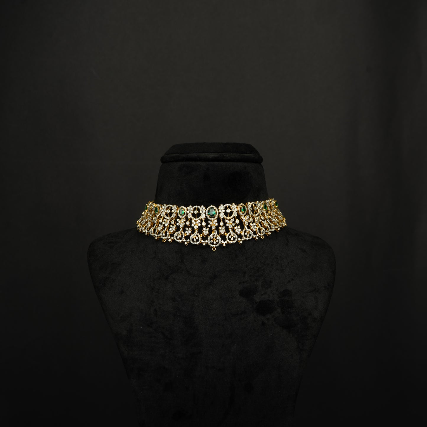 Mishti Silver Choker, Gold plated premium 92.5 silver choker necklace featuring timeless CZ and emerald stones