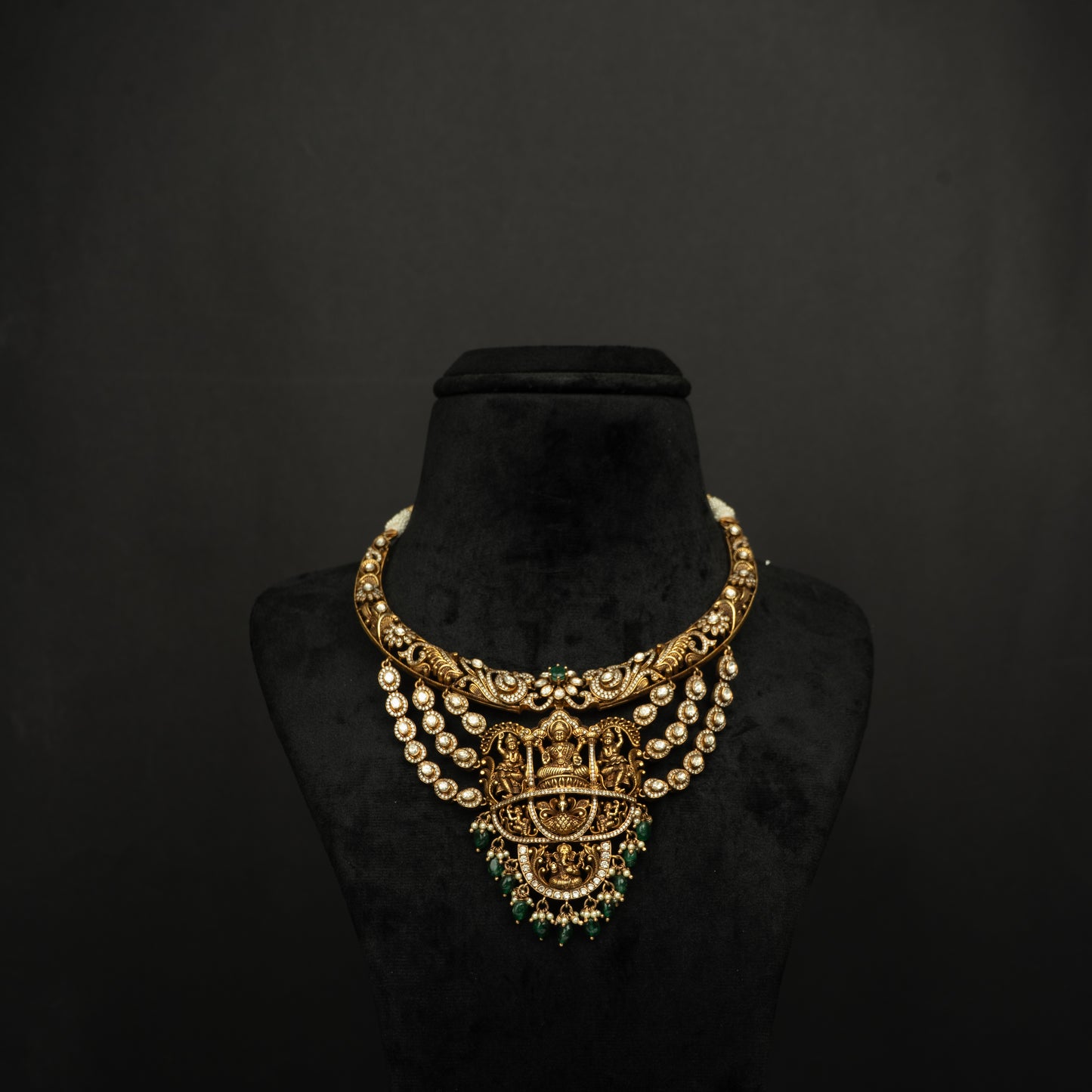 Aazeen Silver CZ Necklace, Gold plated premium 92.5 silver choker necklace featuring timeless tourmaline, seed pearls, cubic zirconia, moissanite, and emerald stones