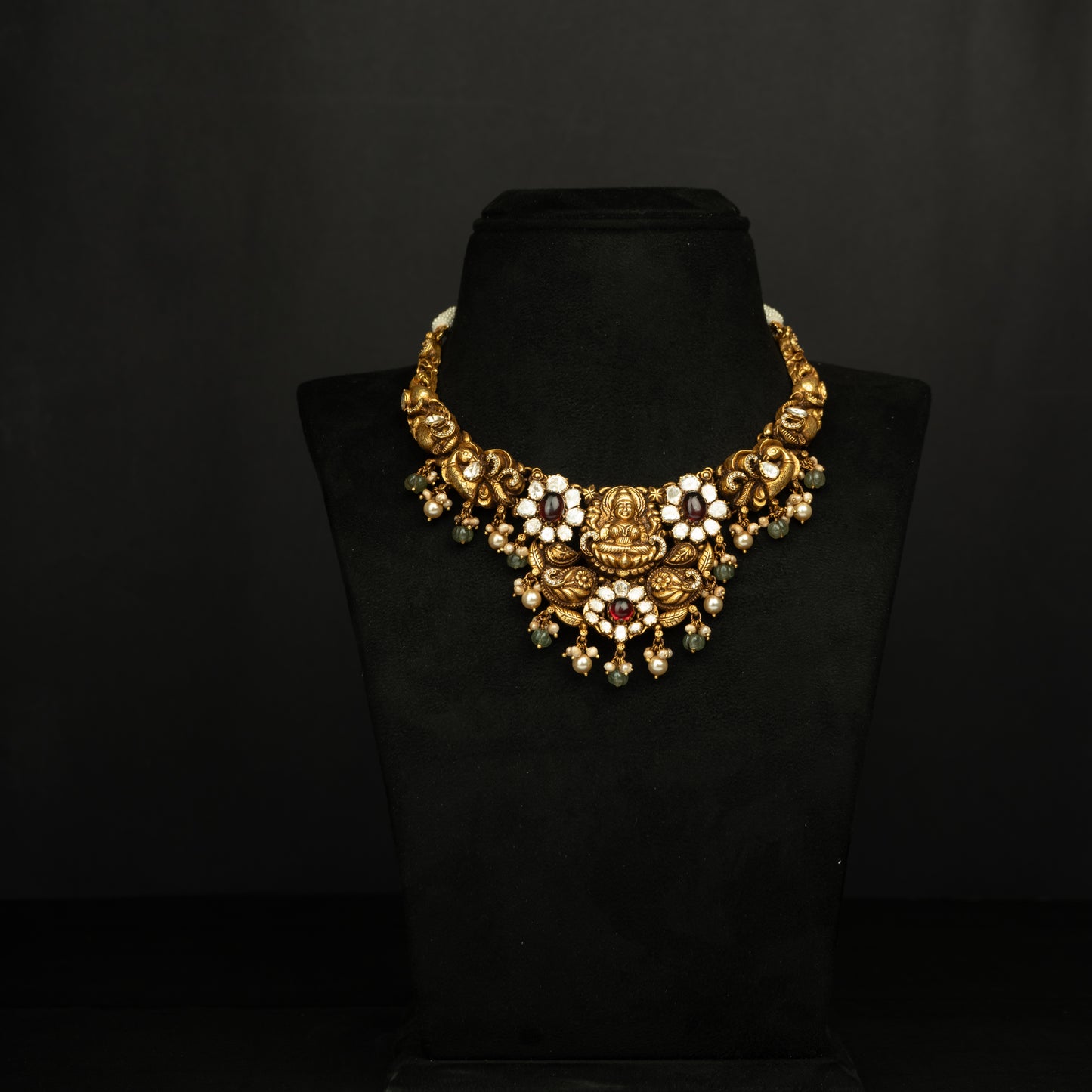 Aashvi Silver Necklace, Gold plated premium 92.5 silver necklace featuring timeless cubic zirconia, moissanite stones, tourmaline, seed pearls, and rubies