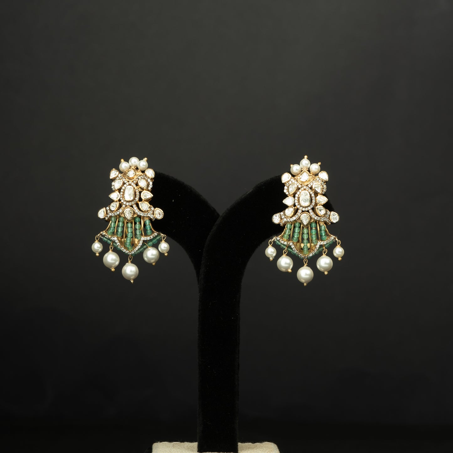 Krisha Silver Earrings, crafted with premium gold-plated 92.5 silver featuring timeless seed pearls, cubic zirconia, and moissanite stones