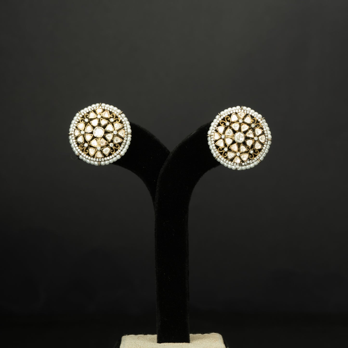 Ishita Silver Stud Earrings, crafted with premium gold-plated 92.5 silver featuring timeless cubic zirconia, moissanite stones, and seed pearls