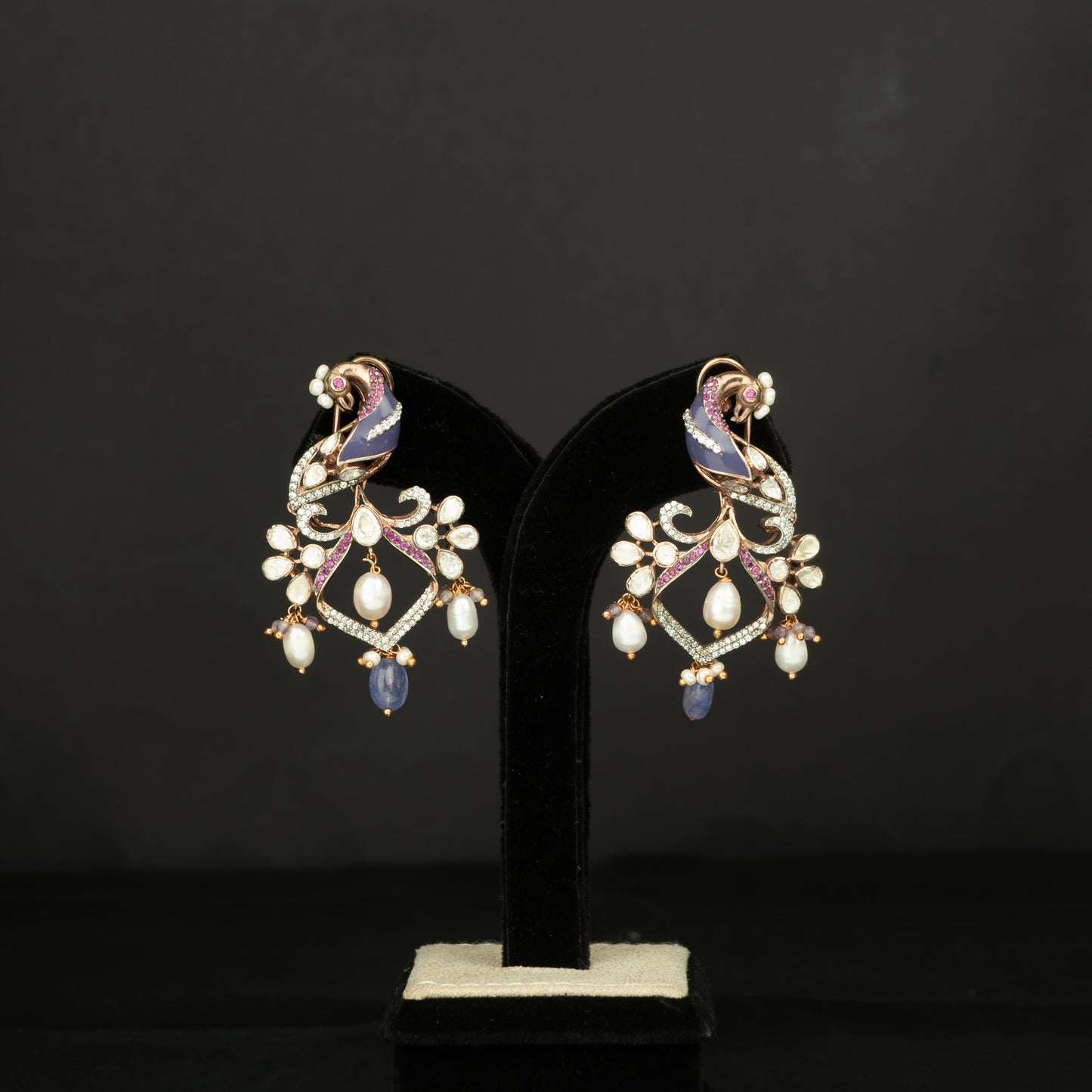 Charanya Silver Earrings, crafted with premium gold-plated 92.5 silver featuring timeless cubic zirconia stones, moissanite stones, beads, and tourmaline