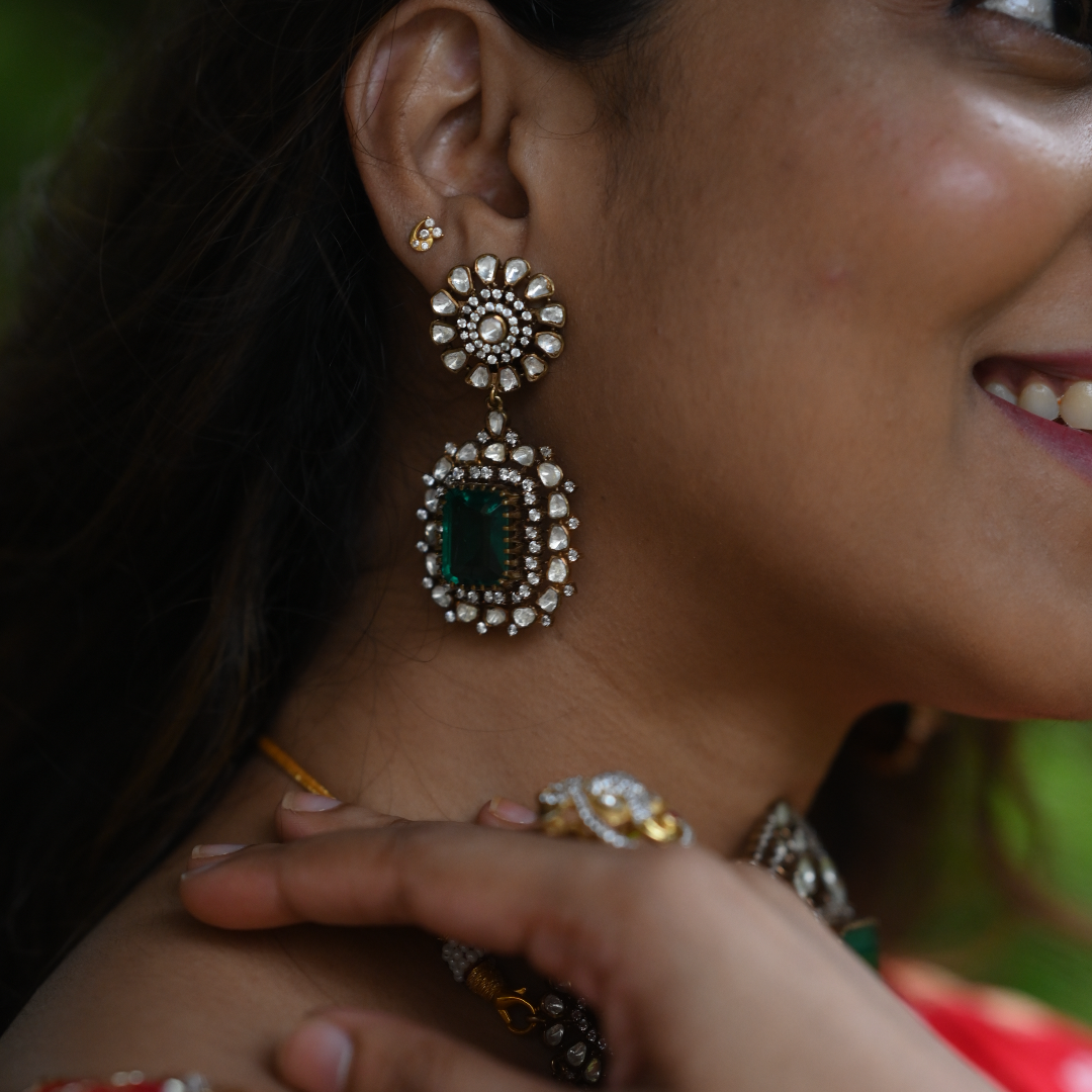 Emily silver earrings, gold-plated 92.5 silver earrings featuring cz, emerald and moissanite stones