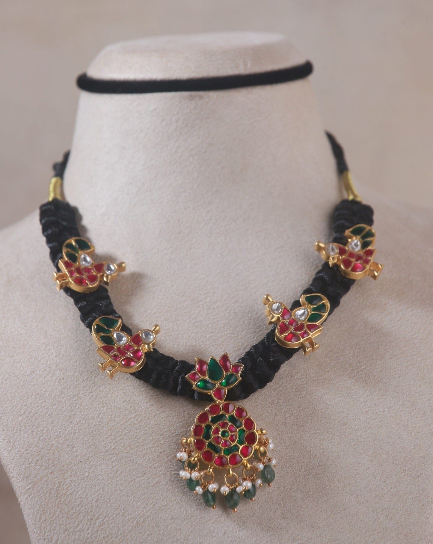 Mahira Thread Silver Necklace, Gold plated 92.5 silver necklace featuring moissanite, emerald stones and rubies