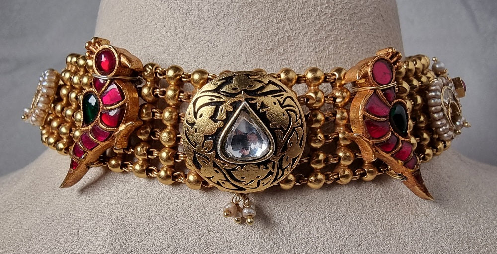 Tina Silver Choker, Gold plated 92.5 silver choker featuring Burma Rubies, Moissanite Stones, and Seed Pearls