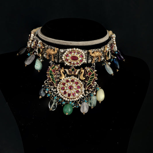 Tashi Silver Choker, Gold plated premium 92.5 silver choker featuring Kundan Stones, Ruby, Emerald, and Pearls