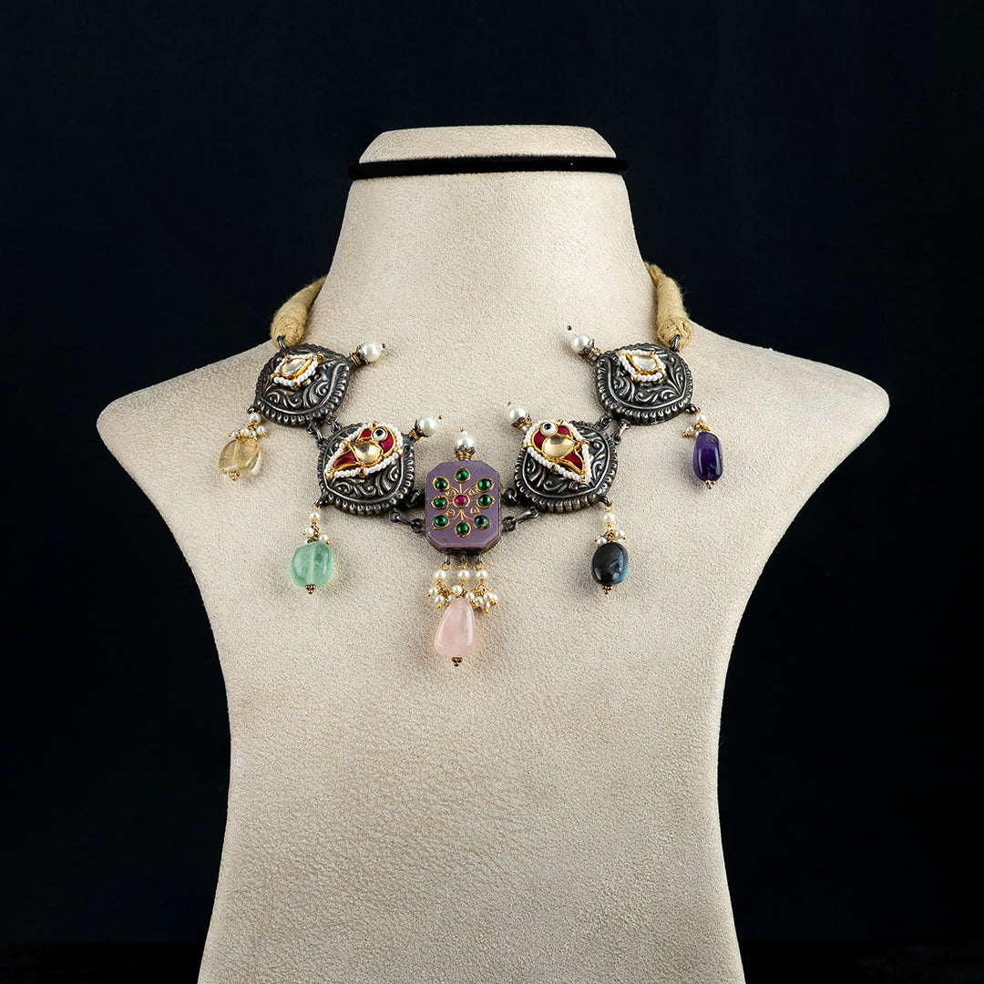 Shivani Fusion Silver Necklace, Gold plated premium 92.5 silver necklace featuring kundan, ruby, emerald stones and tourmaline beads