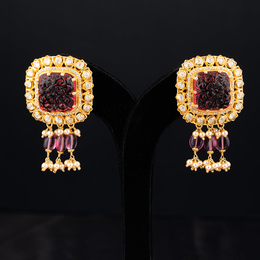 Jasmine Silver Earrings, gold-plated 92.5 silver earrings with ruby and moissanite stone