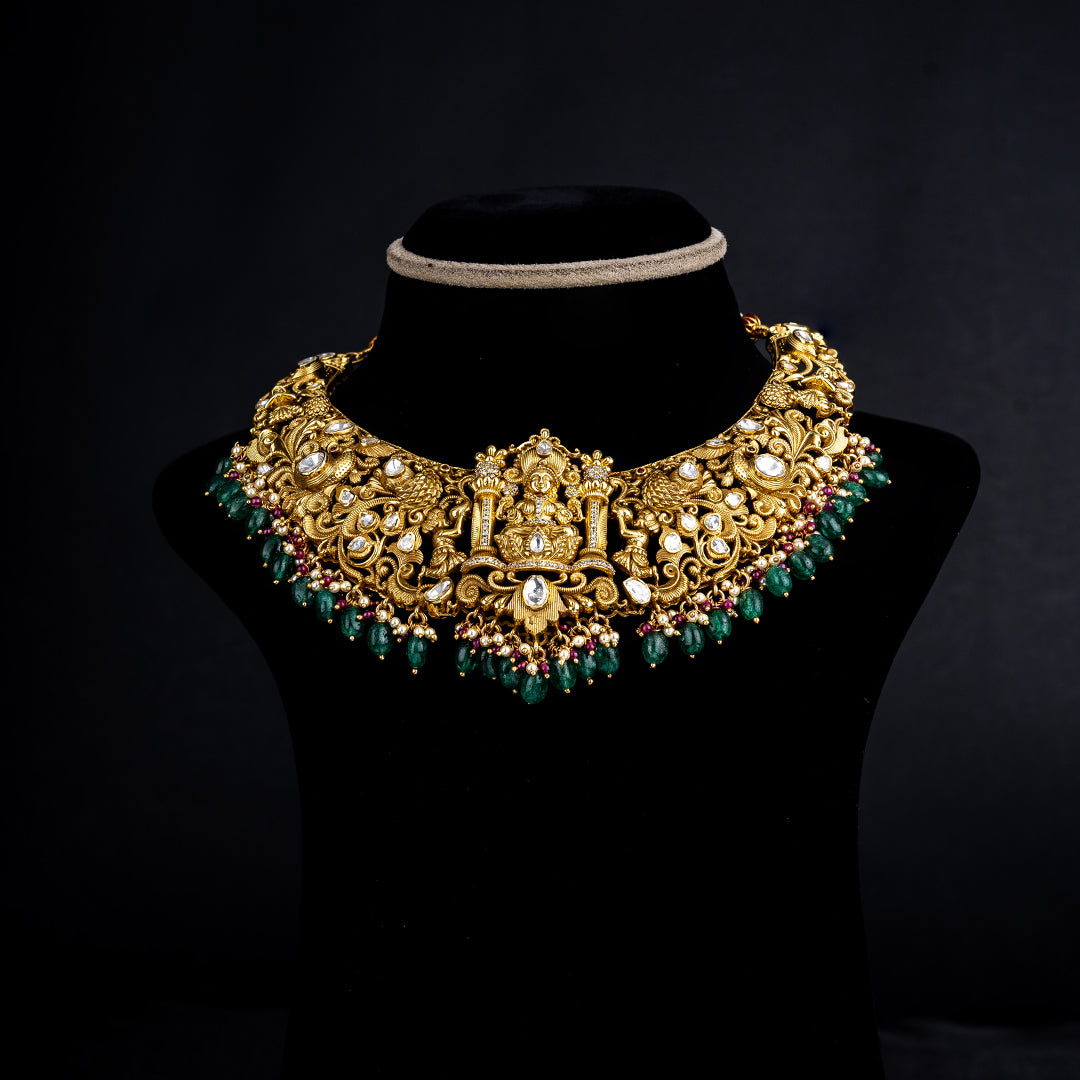 Ahana Nakshi Necklace, Gold plated premium 92.5 silver necklace featuring timeless CZ and moissanite stones