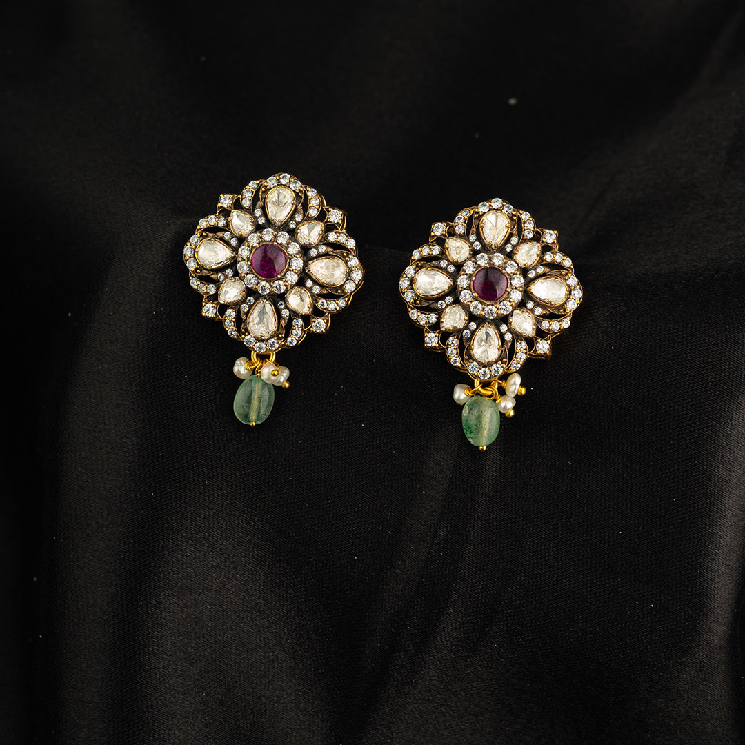 Tanisha moissanite silver stud earrings, beautifully crafted gold-plated 92.5 silver earrings featuring ruby and moissanite stones