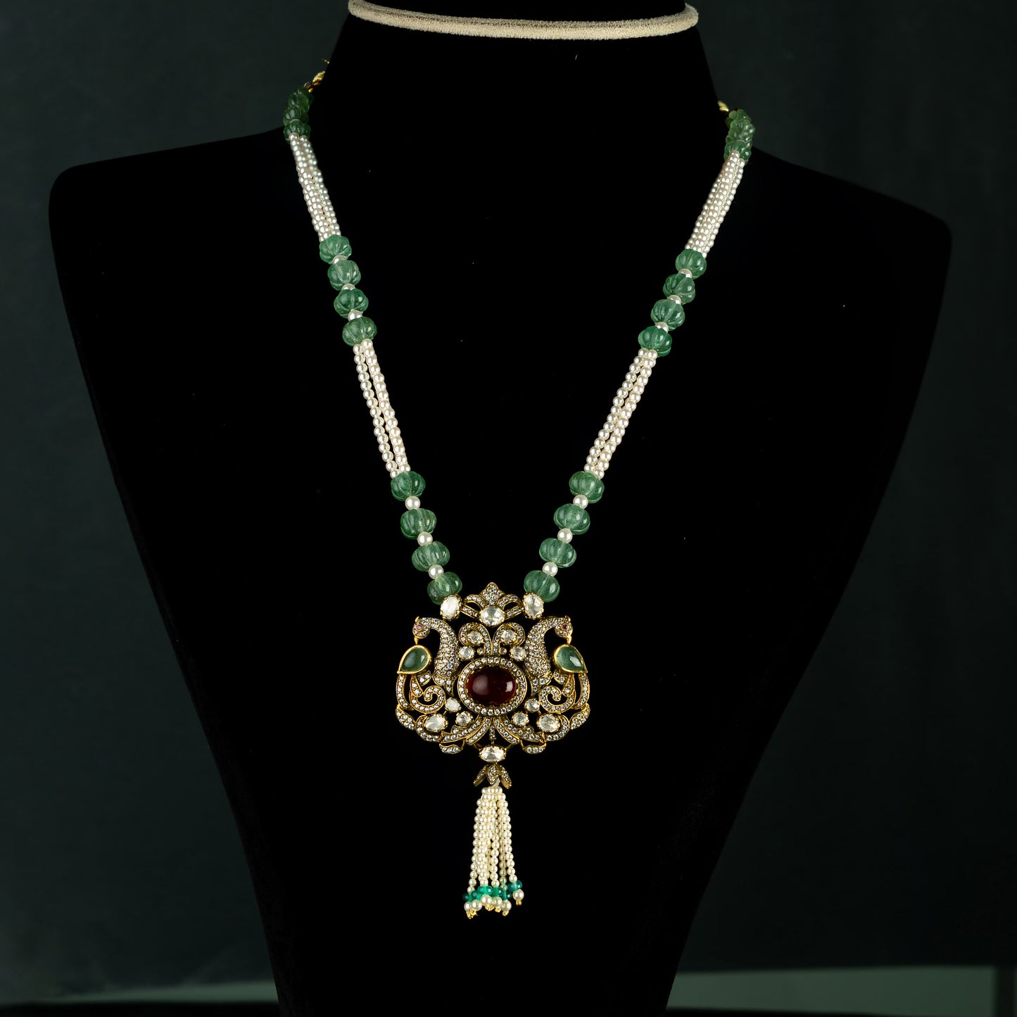 Paksha Victorian gold plated haram, gold-plated 92.5 silver haram with beautiful pendant featuring CZ stones and Ruby