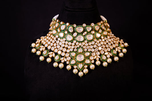 Nyra Polki Necklace, Gold plated premium 92.5 silver choker necklace featuring timeless kundan stones and emeralds