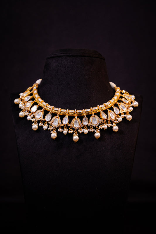 Aakruthi Silver Necklace, Gold plated premium 92.5 silver necklace featuring timeless moissanite, cubic zirconia stones, and seed pearls