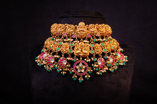 Aarna Silver Kundan Choker, Gold plated premium 92.5 silver choker necklace featuring timeless rubies, cubic zirconia stones, kundan, and emeralds
