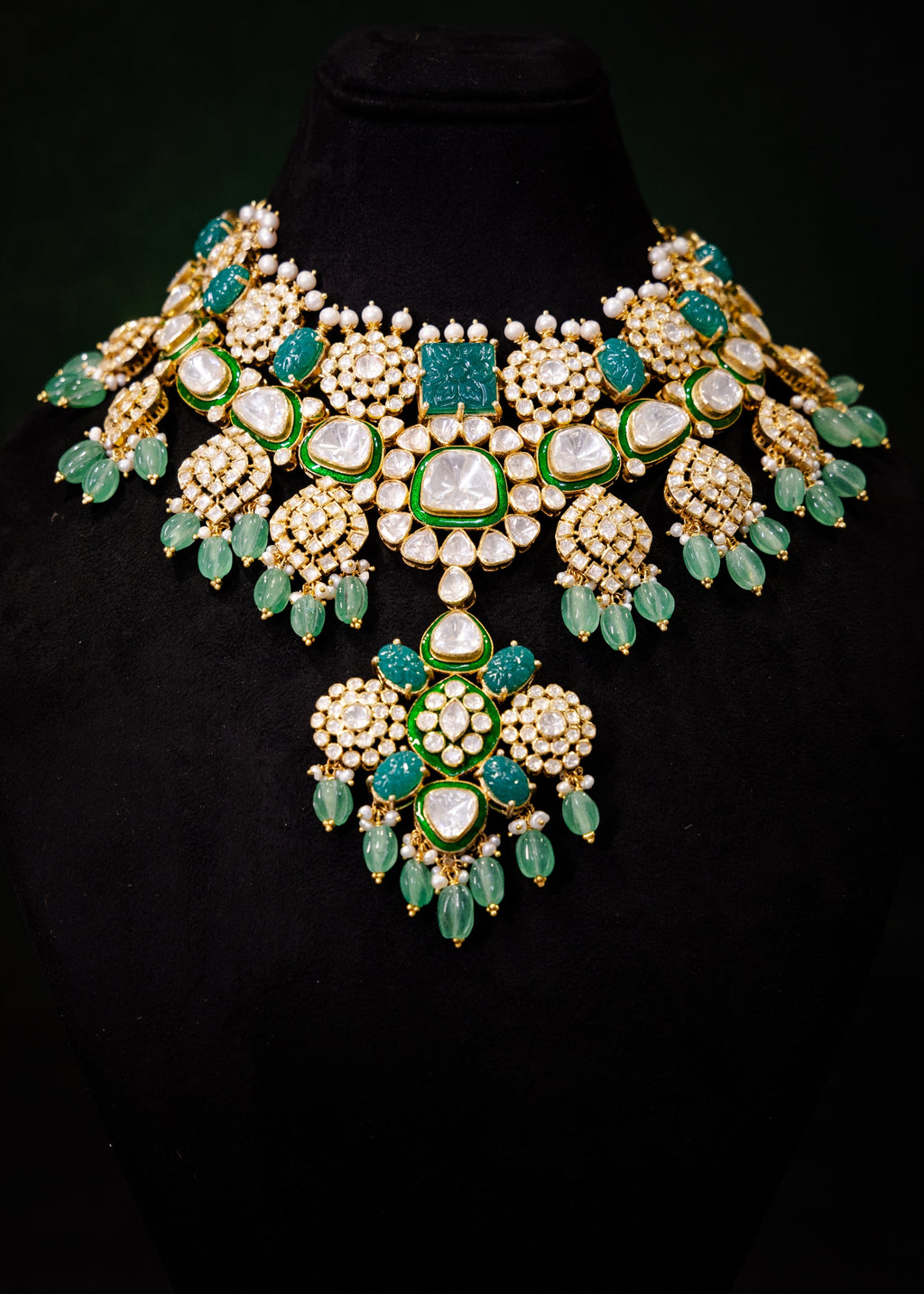 Arisa Polki Necklace, Gold plated premium 92.5 silver necklace featuring timeless polki and turquoise stones