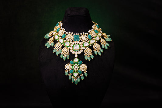 Arisa Polki Necklace, Gold plated premium 92.5 silver necklace featuring timeless polki and turquoise stones
