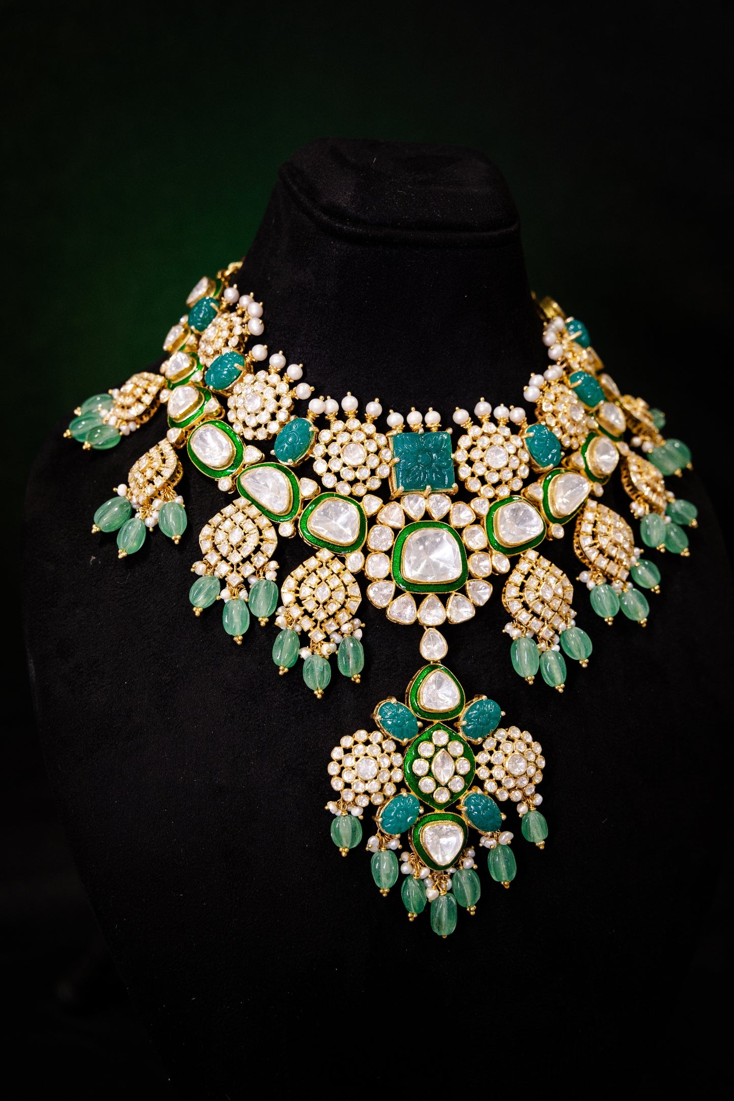 Arisa Polki Necklace, Gold plated premium 92.5 silver necklace featuring timeless polki and turquoise stones