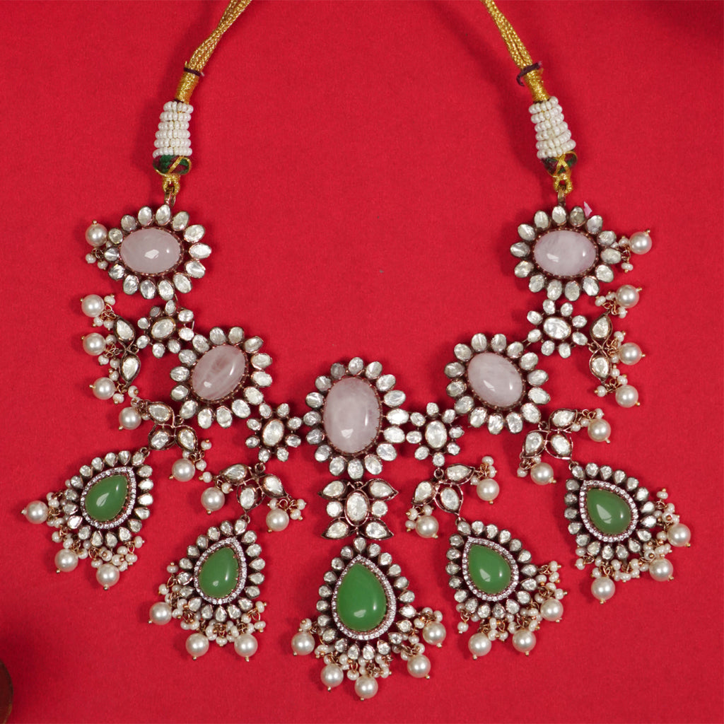 Tyani Silver Necklace, Gold plated premium 92.5 silver necklace featuring timeless opal, green jade, moissanite stones, seed pearls, and beads