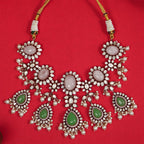 Tyani Silver Necklace, Gold plated premium 92.5 silver necklace featuring timeless opal, green jade, moissanite stones, seed pearls, and beads