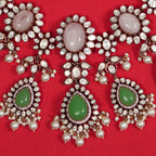 Tyani Silver Necklace, Gold plated premium 92.5 silver necklace featuring timeless opal, green jade, moissanite stones, seed pearls, and beads