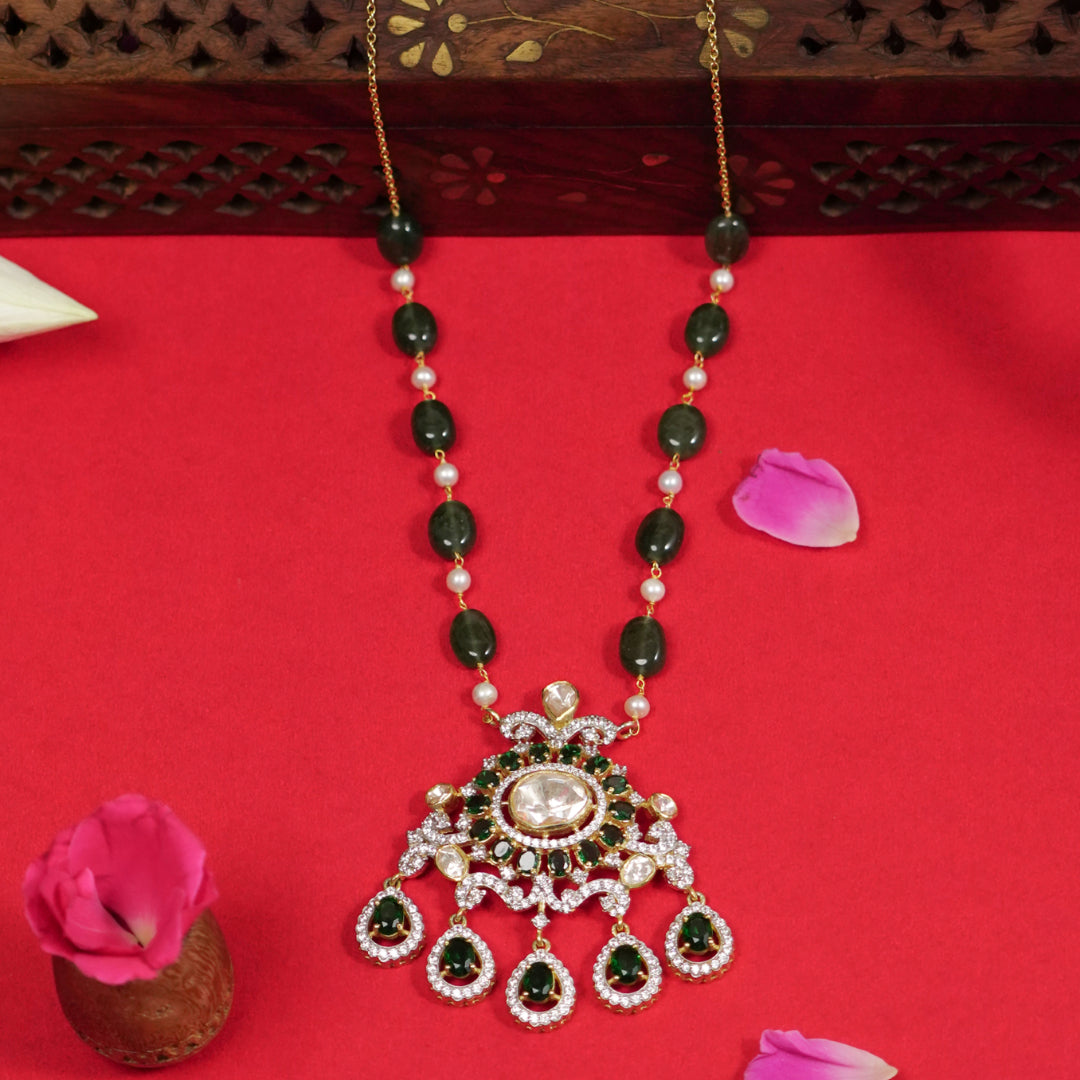 Azra Silver Necklace, Gold plated premium 92.5 silver necklace featuring timeless moissanite, cubic zirconia, emerald stones, tourmaline, and seed pearls