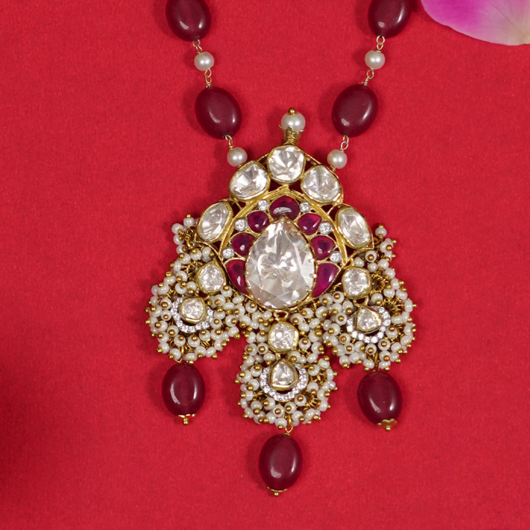 Zara Silver Necklace, Gold plated premium 92.5 silver necklace featuring timeless moissanite, cubic zirconia, ruby stones, tourmaline, and seed pearls