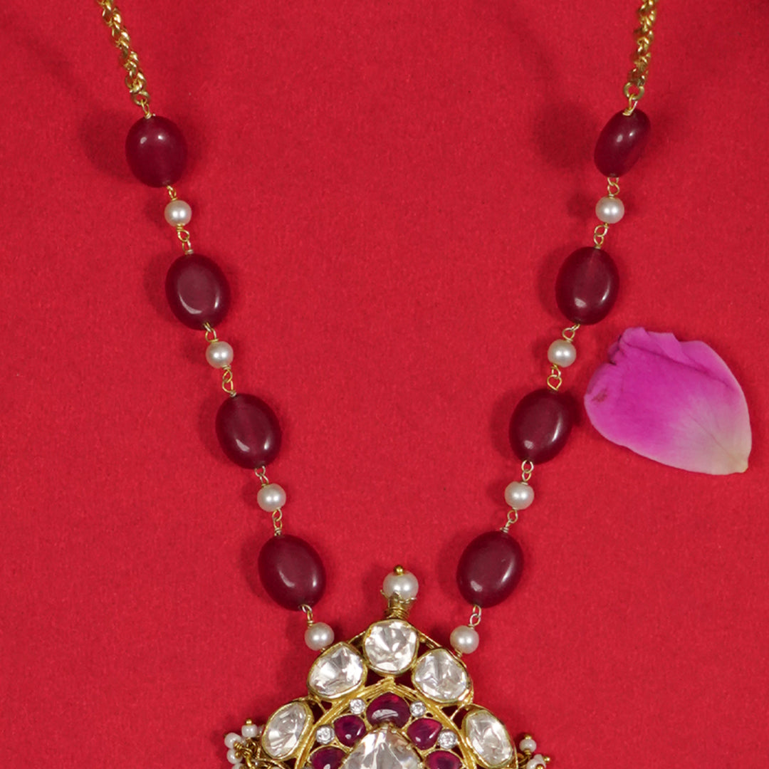 Zara Silver Necklace, Gold plated premium 92.5 silver necklace featuring timeless moissanite, cubic zirconia, ruby stones, tourmaline, and seed pearls