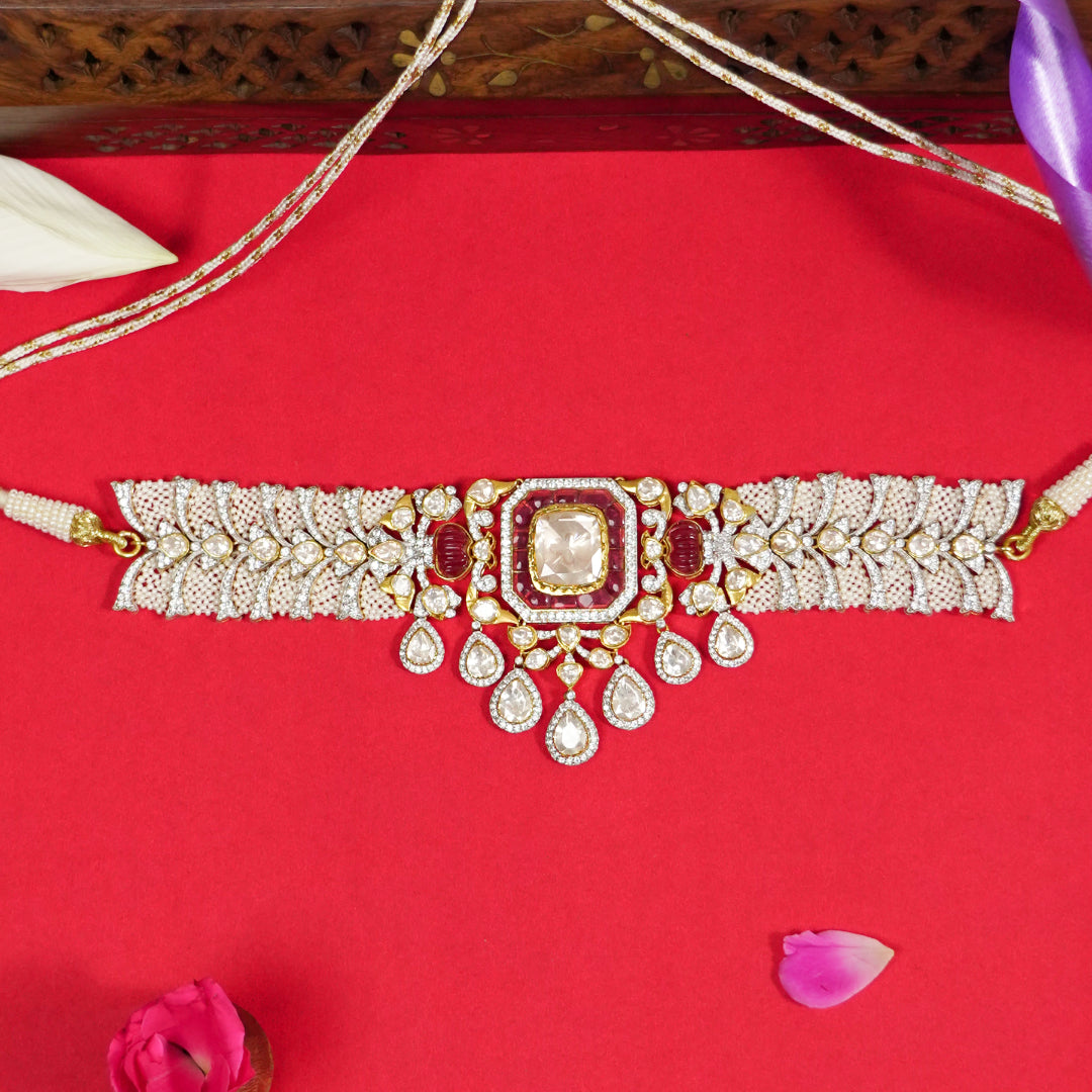 Urvi Silver Choker, Gold plated premium 92.5 silver choker featuring timeless moissanite, cubic zirconia, ruby stones, and seed pearls