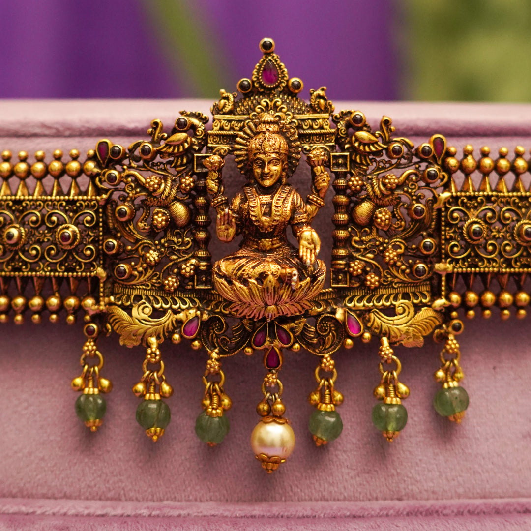 Nithya Nakshi Vaddanam, Gold plated premium 92.5 silver vaddanam featuring timeless ruby potas stones, and beads