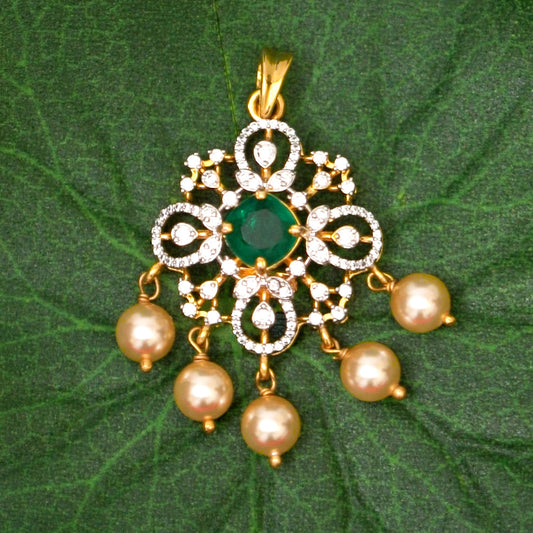 Tritya Silver Pendant, Gold plated premium 92.5 silver pendant featuring timeless emeralds, cubic zirconia stones, and beads