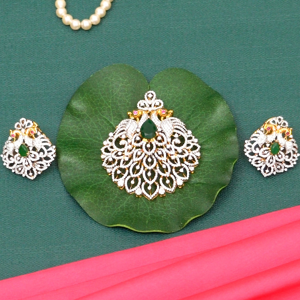 Tanvi Silver CZ Pendant, Gold plated premium 92.5 silver pendant featuring timeless moissanite, cubic zirconia, emerald stones, and ruby potas