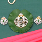 Tanvi Silver CZ Pendant, Gold plated premium 92.5 silver pendant featuring timeless moissanite, cubic zirconia, emerald stones, and ruby potas