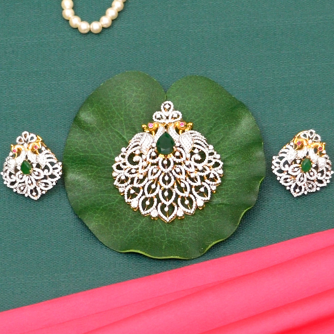 Tanvi Silver CZ Pendant, Gold plated premium 92.5 silver pendant featuring timeless moissanite, cubic zirconia, emerald stones, and ruby potas