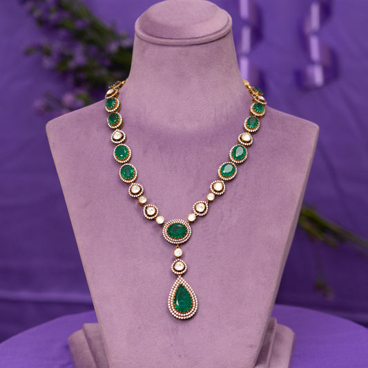 Liora Polki Necklace, Gold plated premium 92.5 silver necklace featuring timeless cubic zirconia stones, moissanite, and emeralds