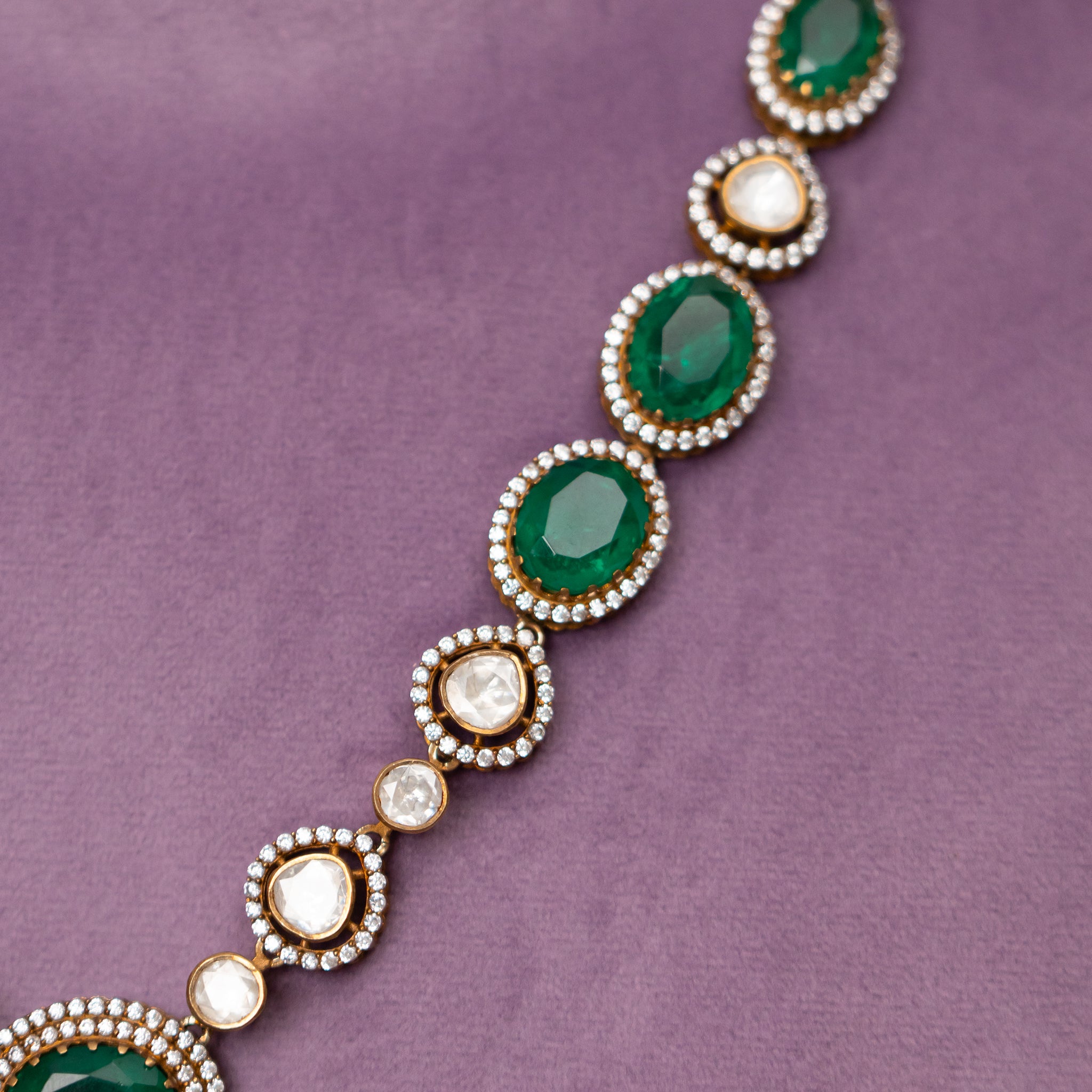 Liora Polki Necklace, Gold plated premium 92.5 silver necklace featuring timeless cubic zirconia stones, moissanite, and emeralds