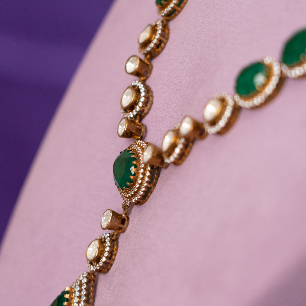 Liora Polki Necklace, Gold plated premium 92.5 silver necklace featuring timeless cubic zirconia stones, moissanite, and emeralds
