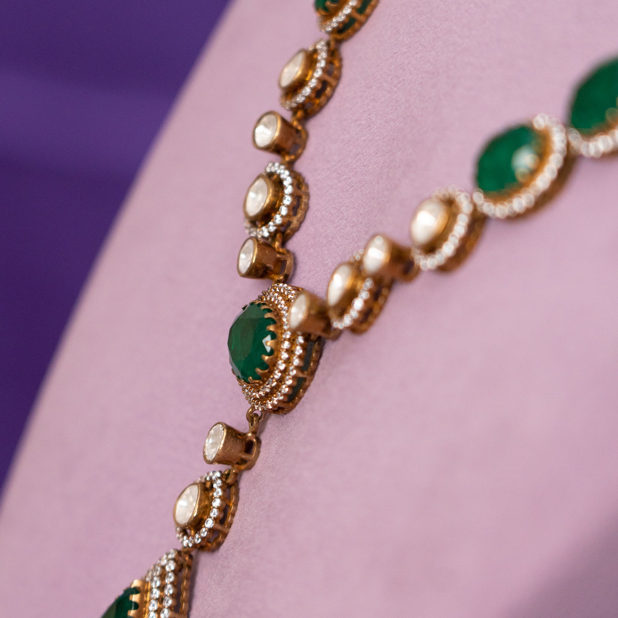 Liora Polki Necklace, Gold plated premium 92.5 silver necklace featuring timeless cubic zirconia stones, moissanite, and emeralds