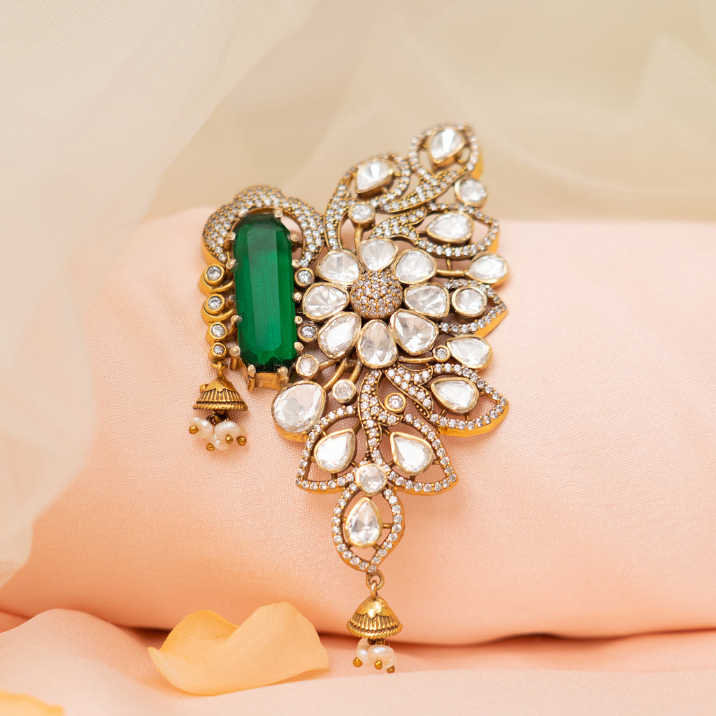 Adhiraa silver pendant, 92.5 silver gold-plated pendant featuring emerald moissanite and cz stones, designer pendant