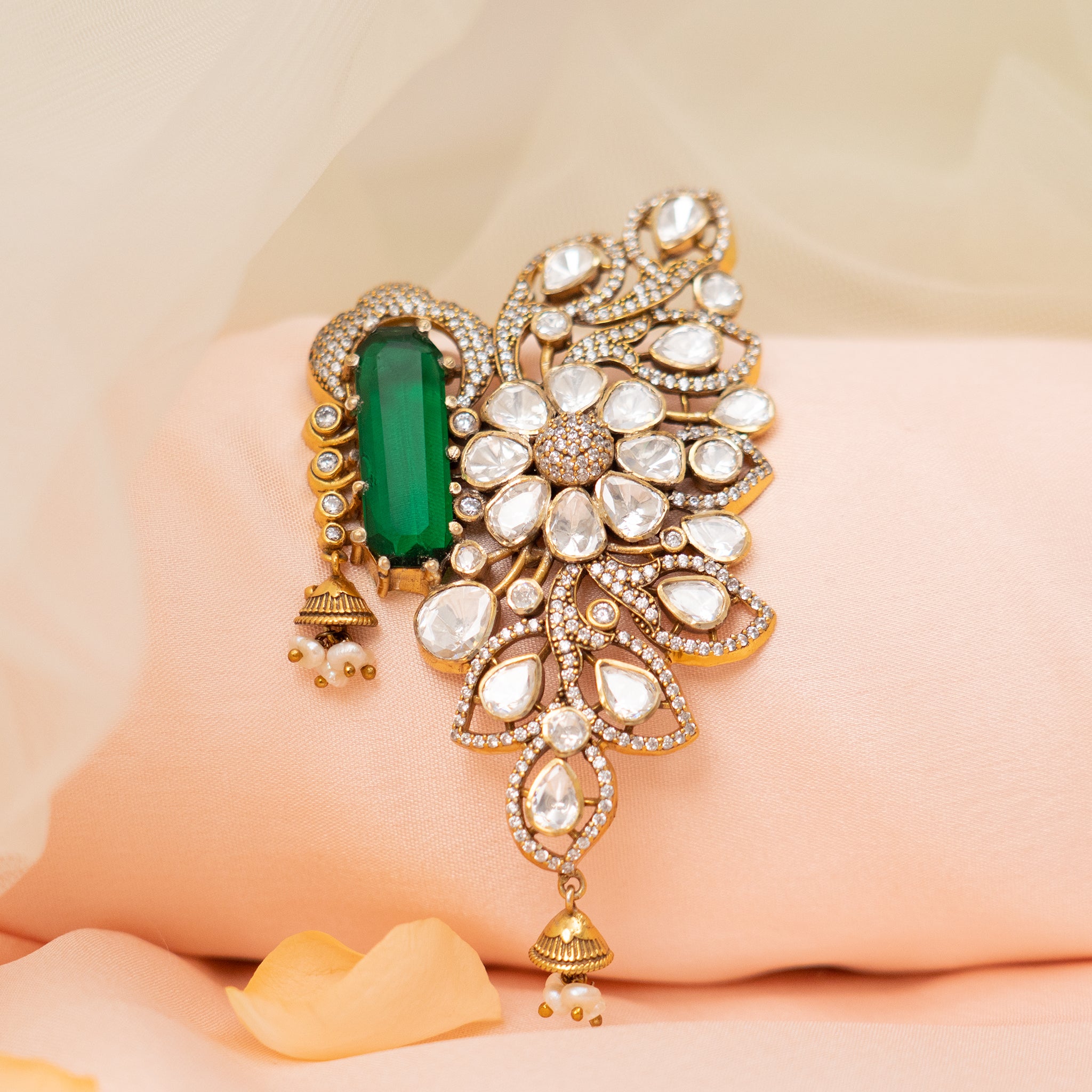 Adhiraa silver pendant, 92.5 silver gold-plated pendant featuring emerald moissanite and cz stones, designer pendant