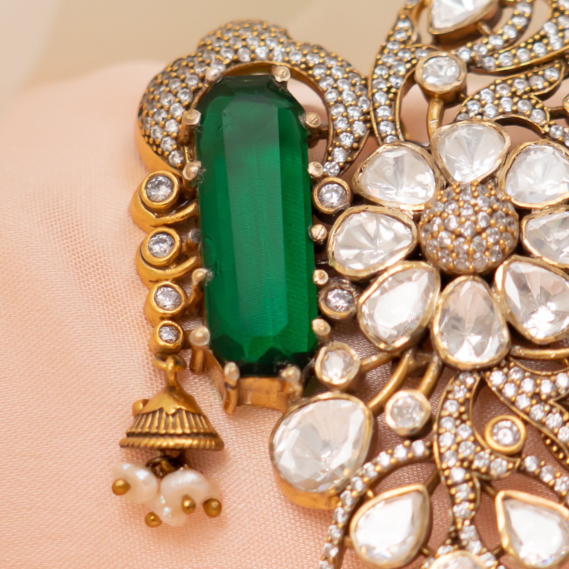Adhiraa silver pendant, 92.5 silver gold-plated pendant featuring emerald moissanite and cz stones, designer pendant