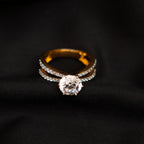 Triya 92.5 Silver Ring, gold plated silver ring featuring moissanite and cz stones. Size 15