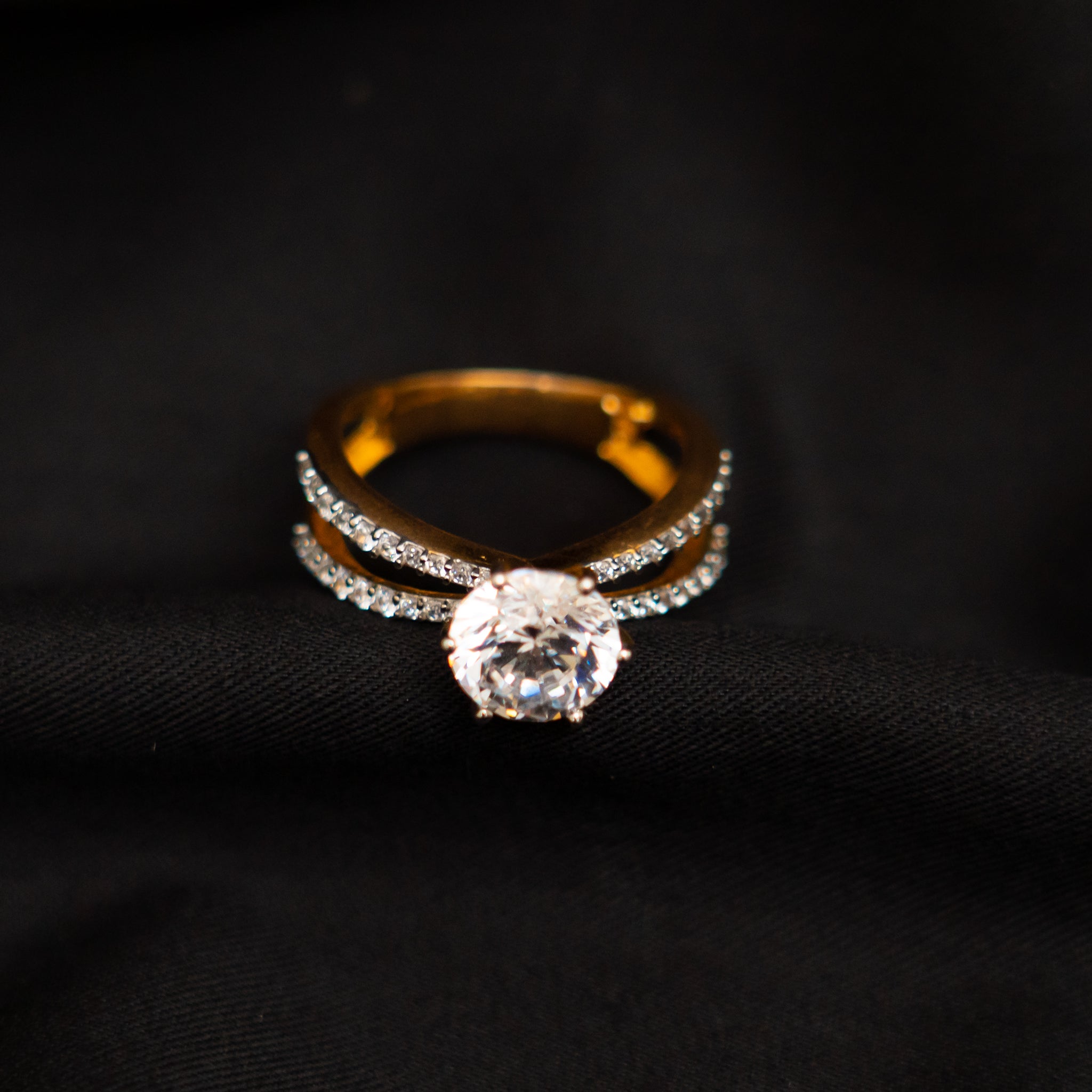Triya 92.5 Silver Ring, gold plated silver ring featuring moissanite and cz stones. Size 15